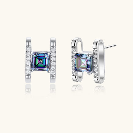 Mystic Moissanite Diamond Prism Square Stud Earrings with rainbow fire and geometric sterling silver frames | Olaty