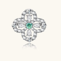 GRA Certified Green Moissanite Diamond Lucky Clover Ring in polished 925 sterling silver front view | Olaty