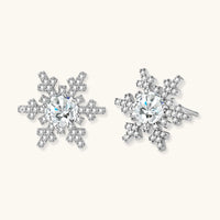 Moissanite Diamond Winter Spark Snowflake Stud Earrings with sparkling snowflake settings in polished sterling silver | Olaty