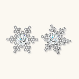 Moissanite Diamond Winter Spark Snowflake Stud Earrings with sparkling snowflake settings in polished sterling silver | Olaty