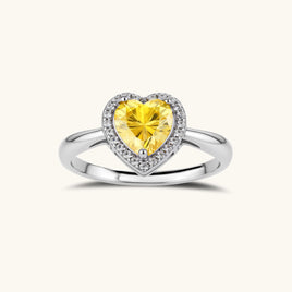 GRA certified yellow moissanite diamond Heart Halo Ring in 925 sterling silver front view | Olaty