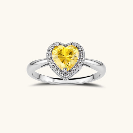 GRA certified yellow moissanite diamond Heart Halo Ring in 925 sterling silver front view | Olaty
