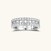 Stellar Row Moissanite Diamond Ring with triple row geometric sterling silver setting front view | Olaty