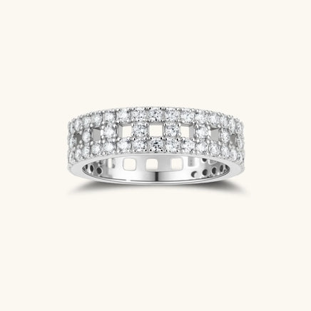 Stellar Row Moissanite Diamond Ring with triple row geometric sterling silver setting front view | Olaty