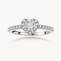 GRA Certified Moissanite Diamond Heart Halo Ring in polished 925 sterling silver front view | Olaty