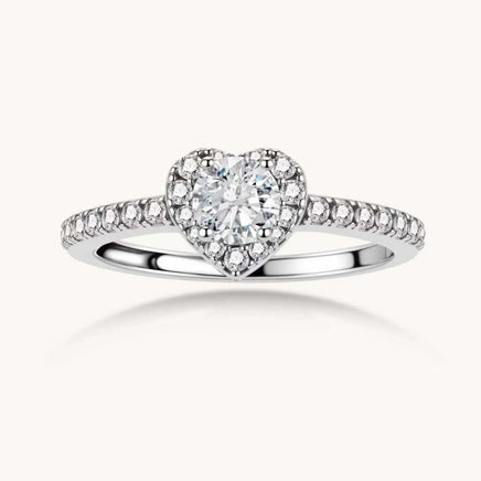 GRA Certified Moissanite Diamond Heart Halo Ring in polished 925 sterling silver front view | Olaty