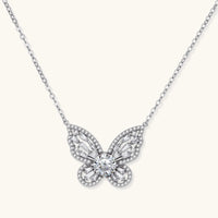 GRA certified moissanite radiant butterfly necklace in polished 925 sterling silver front view | Olaty