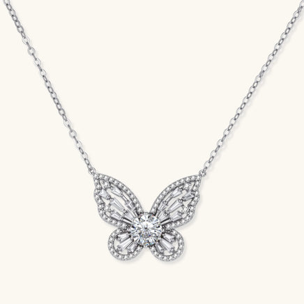 GRA certified moissanite radiant butterfly necklace in polished 925 sterling silver front view | Olaty