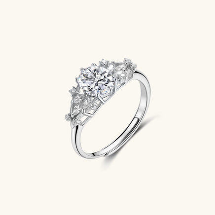 GRA Certified Moissanite Diamond Oval Floral Promise Ring angled view in 925 sterling silver | Olaty