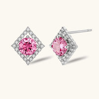 Front and angled view of Pink Moissanite Diamond Halo Studs with round pink center stones and sparkling geometric halos | Olaty