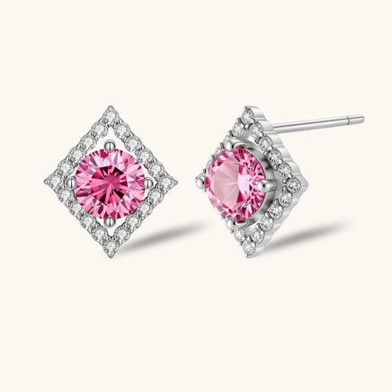 Front and angled view of Pink Moissanite Diamond Halo Studs with round pink center stones and sparkling geometric halos | Olaty
