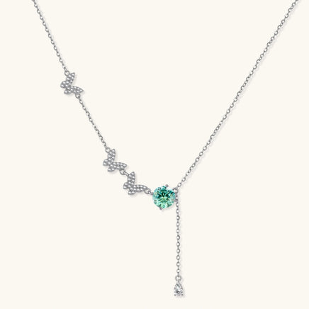 Green Moissanite Diamond Butterfly Dreams Lariat Necklace with pavé butterfly details and sterling silver drop design | Olaty