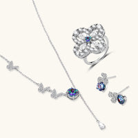 GRA Certified Rainbow Moissanite Diamond Lucky Clover Jewelry Set with necklace earrings and ring in 925 sterling silver | Olaty