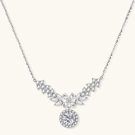 GRA certified moissanite diamond floral halo statement necklace in polished 925 sterling silver, front view | Olaty