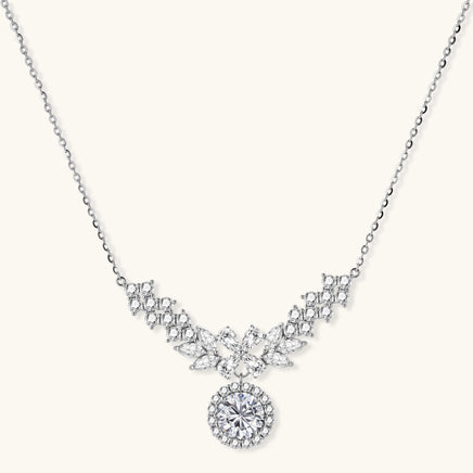 GRA certified moissanite diamond floral halo statement necklace in polished 925 sterling silver, front view | Olaty