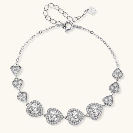 GRA certified moissanite hearts bracelet in polished 925 sterling silver with adjustable chain | Olaty