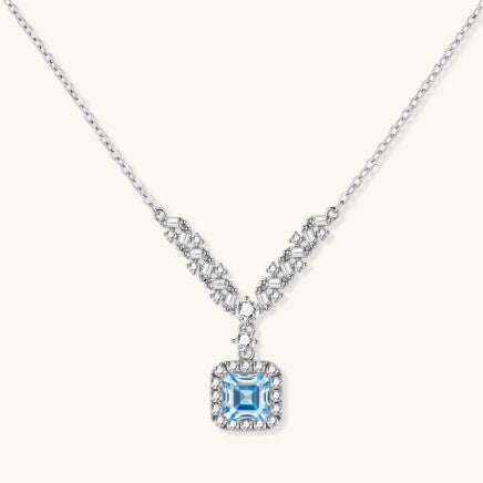 GRA certified blue moissanite diamond celestial arc necklace in 925 sterling silver front view | Olaty