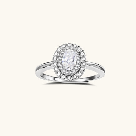 GRA Certified Moissanite Diamond Double Halo Promise Ring front view in 925 sterling silver | Olaty