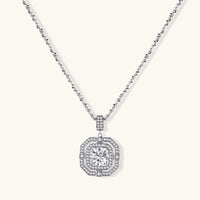 GRA certified round moissanite geometric halo pendant necklace in polished 925 sterling silver front view | Olaty