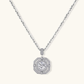 GRA certified round moissanite geometric halo pendant necklace in polished 925 sterling silver front view | Olaty
