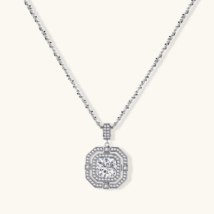 GRA certified round moissanite geometric halo pendant necklace in polished 925 sterling silver front view | Olaty
