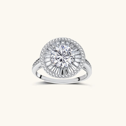 GRA certified moissanite celestial halo ring in polished 925 sterling silver with round center stone | Olaty