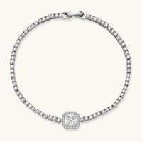 Top view of Center Tennis Bracelet with square moissanite centerpiece, halo setting and continuous sparkling stone design | Olaty