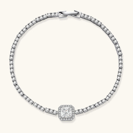 Top view of Center Tennis Bracelet with square moissanite centerpiece, halo setting and continuous sparkling stone design | Olaty