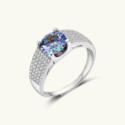GRA Certified Rainbow Moissanite Diamond Prism Power Ring angled view in 925 sterling silver | Olaty