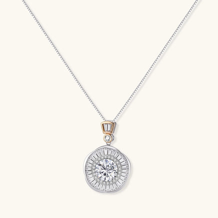 GRA certified round moissanite halo necklace with Art Deco geometric pendant in 925 sterling silver | Olaty