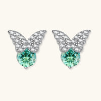 Green Moissanite Diamond Butterfly Stud Earrings with sparkling butterfly wings in polished sterling silver | Olaty