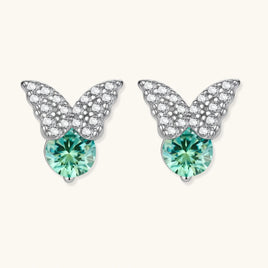Green Moissanite Diamond Butterfly Stud Earrings with sparkling butterfly wings in polished sterling silver | Olaty