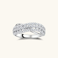 GRA Certified Moissanite Diamond Infinity Crossover Ring front view in polished 925 sterling silver | Olaty