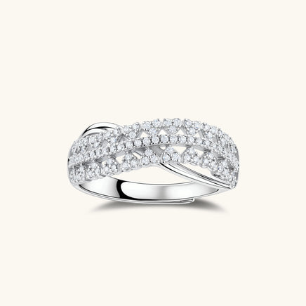 GRA Certified Moissanite Diamond Infinity Crossover Ring front view in polished 925 sterling silver | Olaty