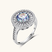 GRA Certified Rainbow Moissanite Diamond Starlight Halo Ring in polished 925 sterling silver angled view | Olaty