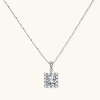GRA certified moissanite diamond geometric halo pendant necklace in polished 925 sterling silver, front view | Olaty
