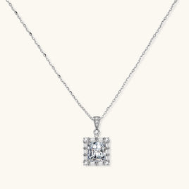 GRA certified moissanite diamond geometric halo pendant necklace in polished 925 sterling silver, front view | Olaty