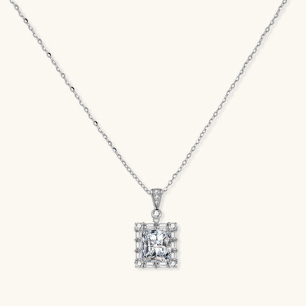 GRA certified moissanite diamond geometric halo pendant necklace in polished 925 sterling silver, front view | Olaty