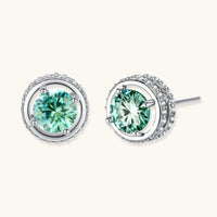GRA Certified Green Moissanite Diamond Emerald Spark Halo Stud Earrings in polished sterling silver | Olaty