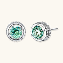 GRA Certified Green Moissanite Diamond Emerald Spark Halo Stud Earrings in polished sterling silver | Olaty