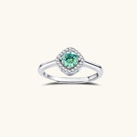 Front view of GRA Certified Green Moissanite Diamond Emerald Glow Halo Ring in 925 sterling silver | Olaty