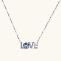 GRA certified rainbow moissanite diamond LOVE necklace in polished 925 sterling silver front view | Olaty