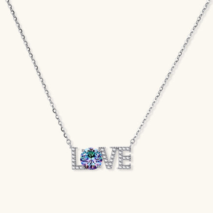 GRA certified rainbow moissanite diamond LOVE necklace in polished 925 sterling silver front view | Olaty