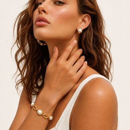Editorial portrait with pearl stud earrings | Olaty