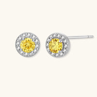 Yellow Moissanite Diamond Sunburst Halo Stud Earrings with sparkling round halo setting | Olaty