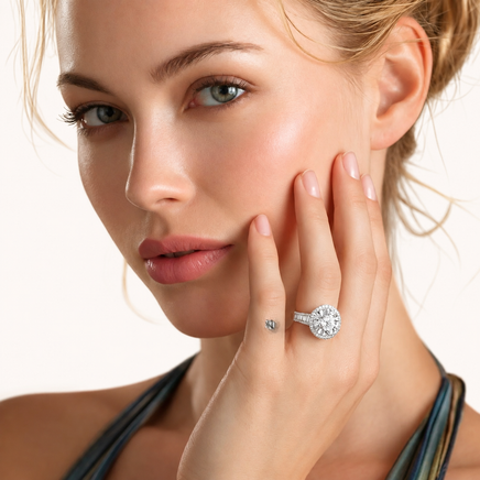 Celestial halo moissanite ring worn on hand featuring round center stone and geometric halo setting | Olaty