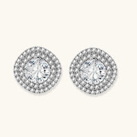 Front view of round moissanite double halo stud earrings in polished 925 sterling silver | Olaty