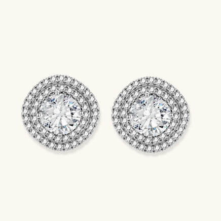 Front view of round moissanite double halo stud earrings in polished 925 sterling silver | Olaty