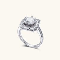 Vintage Crown moissanite ring with Art Deco halo and polished 925 sterling silver band | Olaty