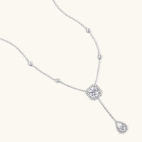 925 sterling silver moissanite Y necklace with bezel set stones and sparkling teardrop pendant | Olaty